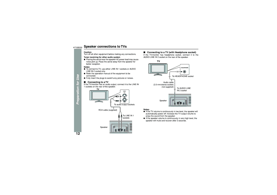 Sharp operation manual HT-SB200Speaker connections to TVs, For Use, Preparation, Connecting to a TV 