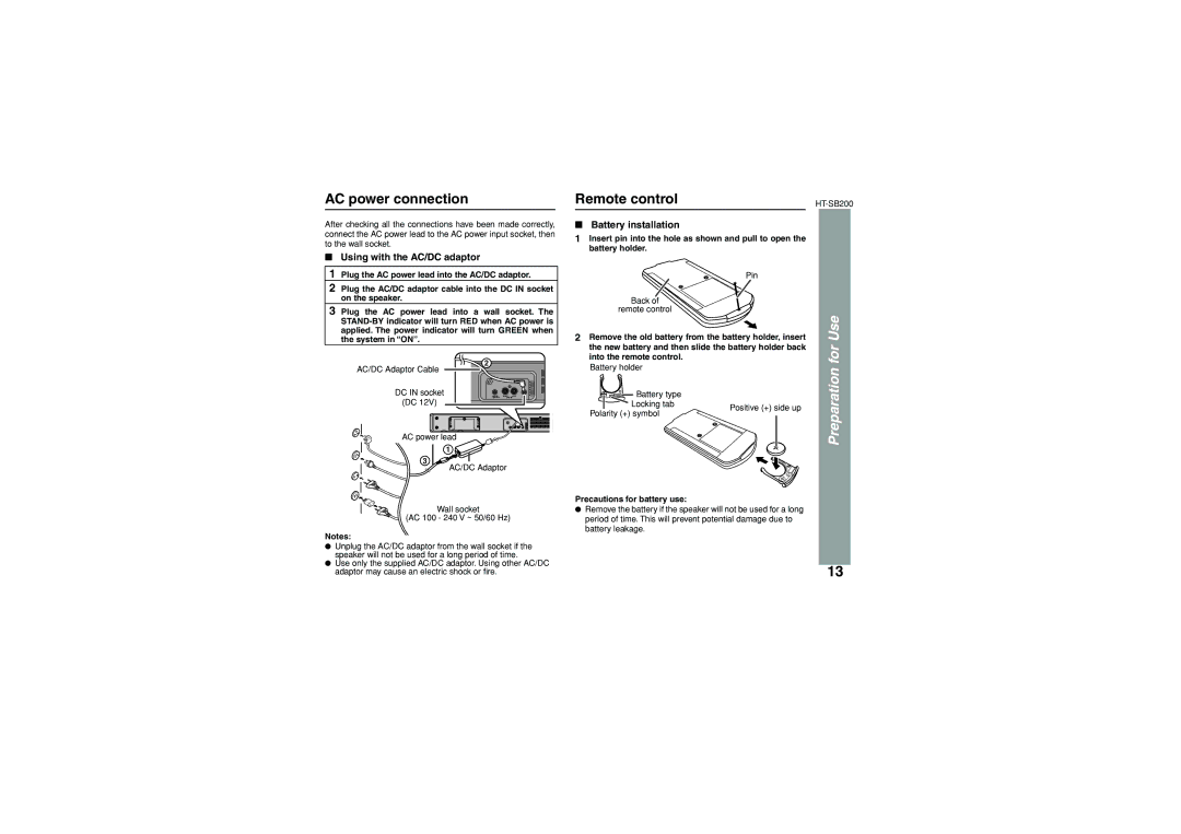 Sharp HT-SB200 AC power connection, Remote control, Use, Using with the AC/DC adaptor, Battery installation 