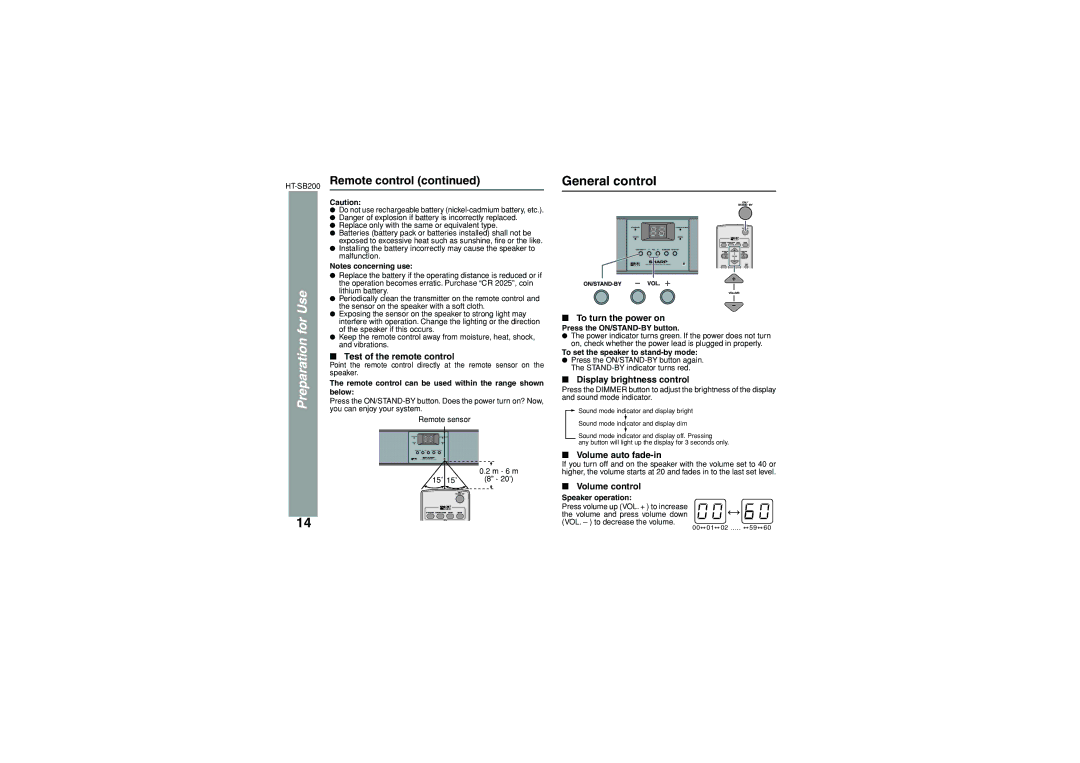 Sharp HT-SB200 General control, Test of the remote control, To turn the power on, Display brightness control 