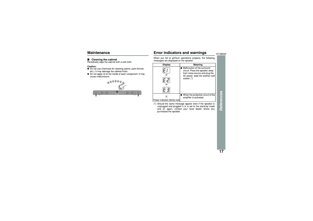 Sharp HT-SB200 operation manual Maintenance, Error indicators and warnings, Cleaning the cabinet, Display Meaning 