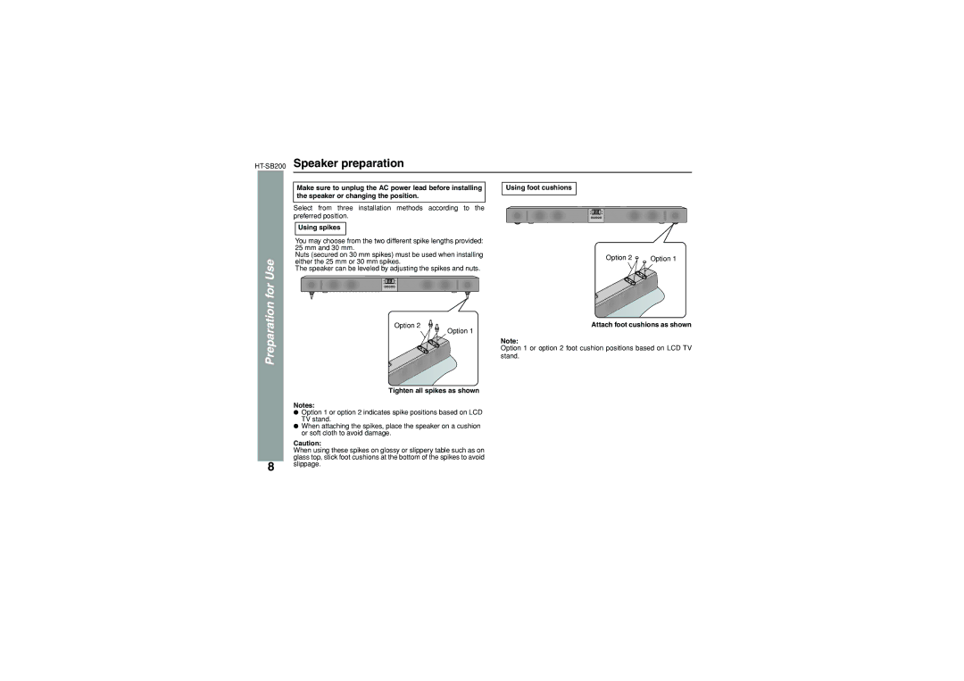 Sharp operation manual HT-SB200Speaker preparation, Preparation for Use 