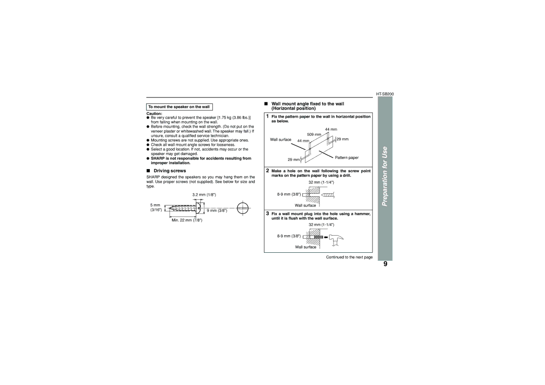 Sharp HT-SB200 Driving screws, Wall mount angle ﬁxed to the wall Horizontal position, To mount the speaker on the wall 