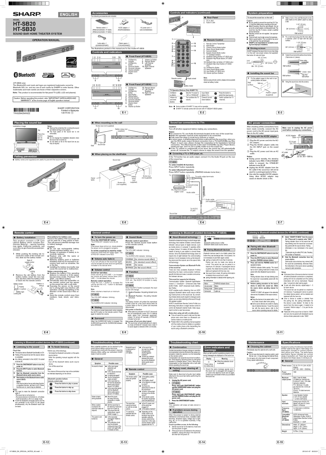 Sharp HTSB30 specifications Front Panel HT-SB20, Rear Panel, Remote Control, Driving screws, Installing the sound bar 