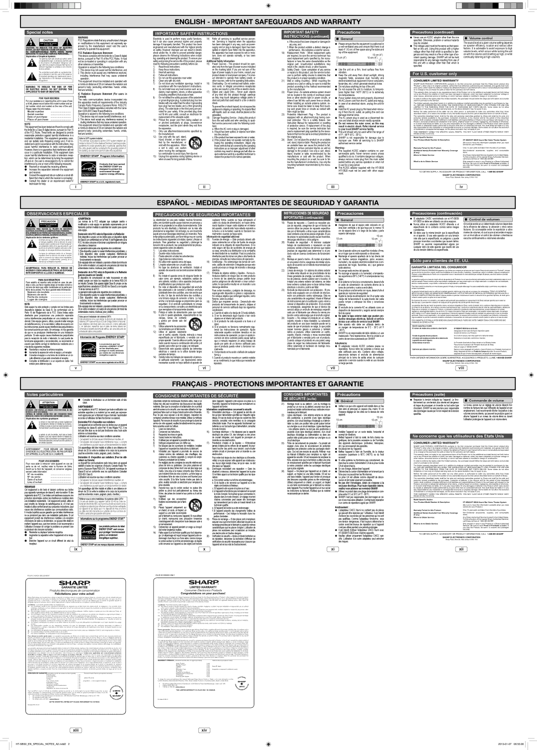 Sharp HT-SB20, HT-SB30 FCC Radiation Exposure Statement, IC Radiation Exposure Statement For users in Canada, Advertencia 