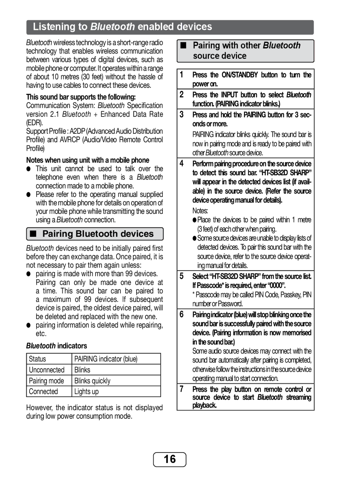 Sharp HT-SB32D operation manual Listening to Bluetooth enabled devices, Pairing Bluetooth devices 