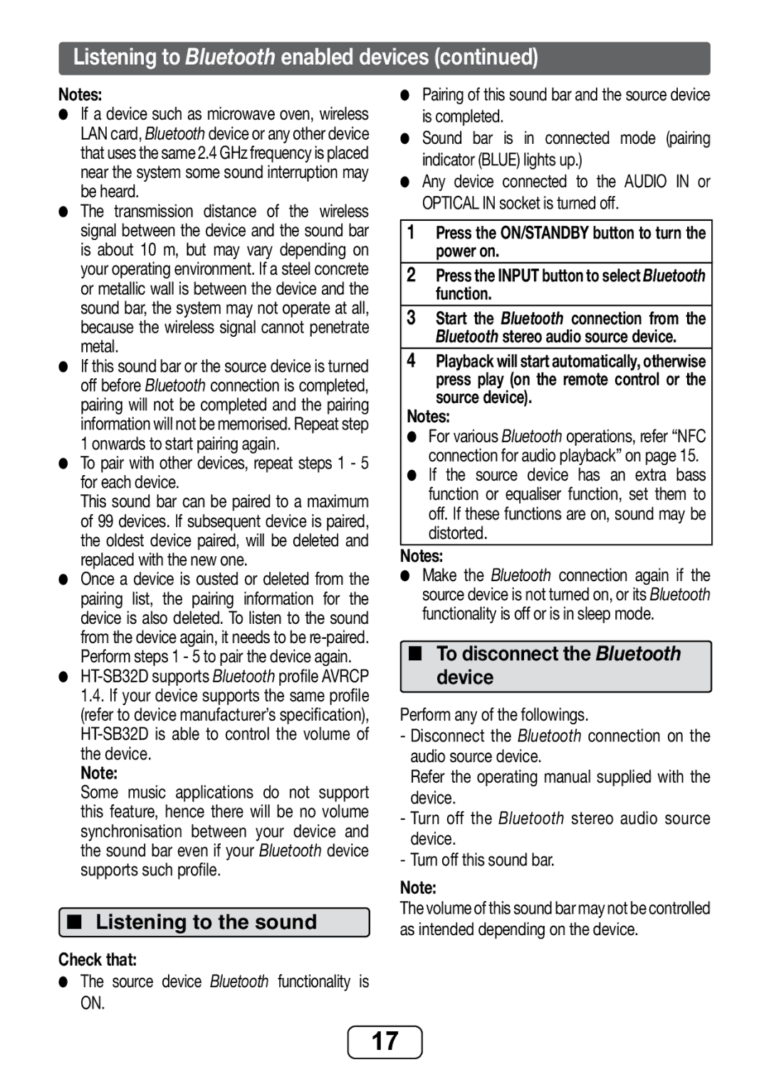 Sharp HT-SB32D operation manual Listening to the sound, To pair with other devices, repeat steps 1 5 for each device 