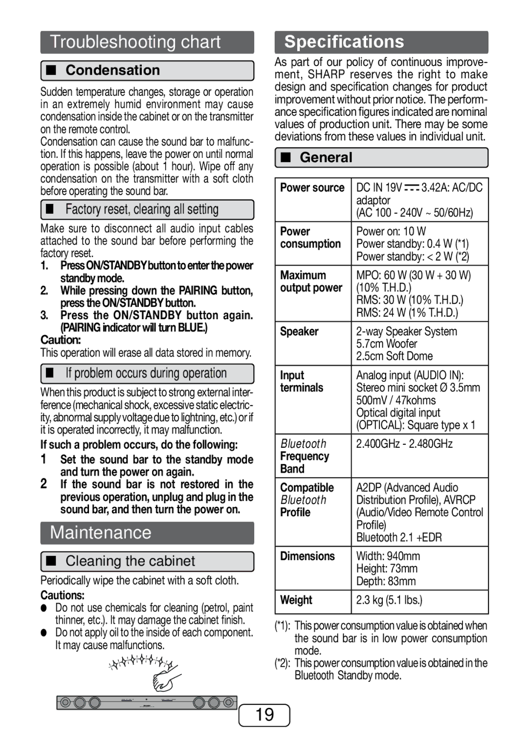 Sharp HT-SB32D operation manual Maintenance, Specifications, Condensation, Cleaning the cabinet 