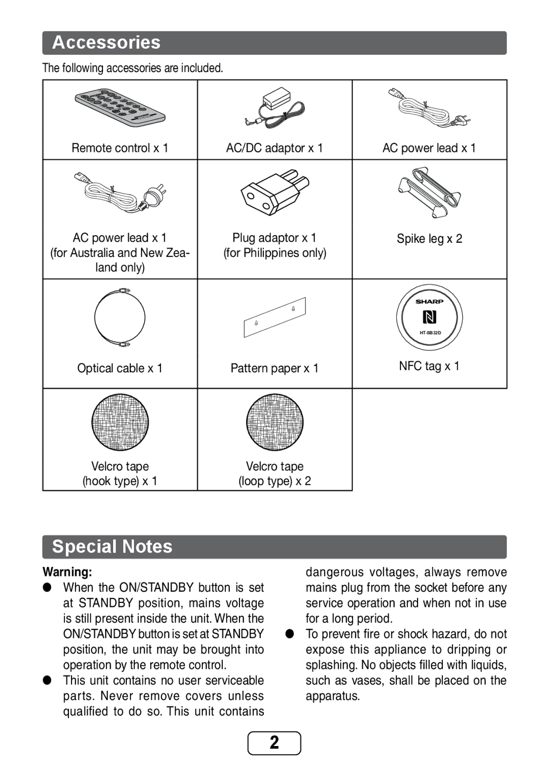 Sharp HT-SB32D operation manual Accessories, Special Notes, Following accessories are included 