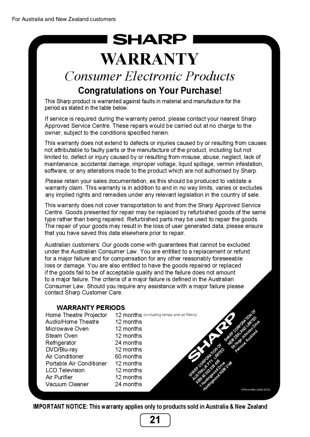 Sharp HT-SB32D operation manual Warranty 