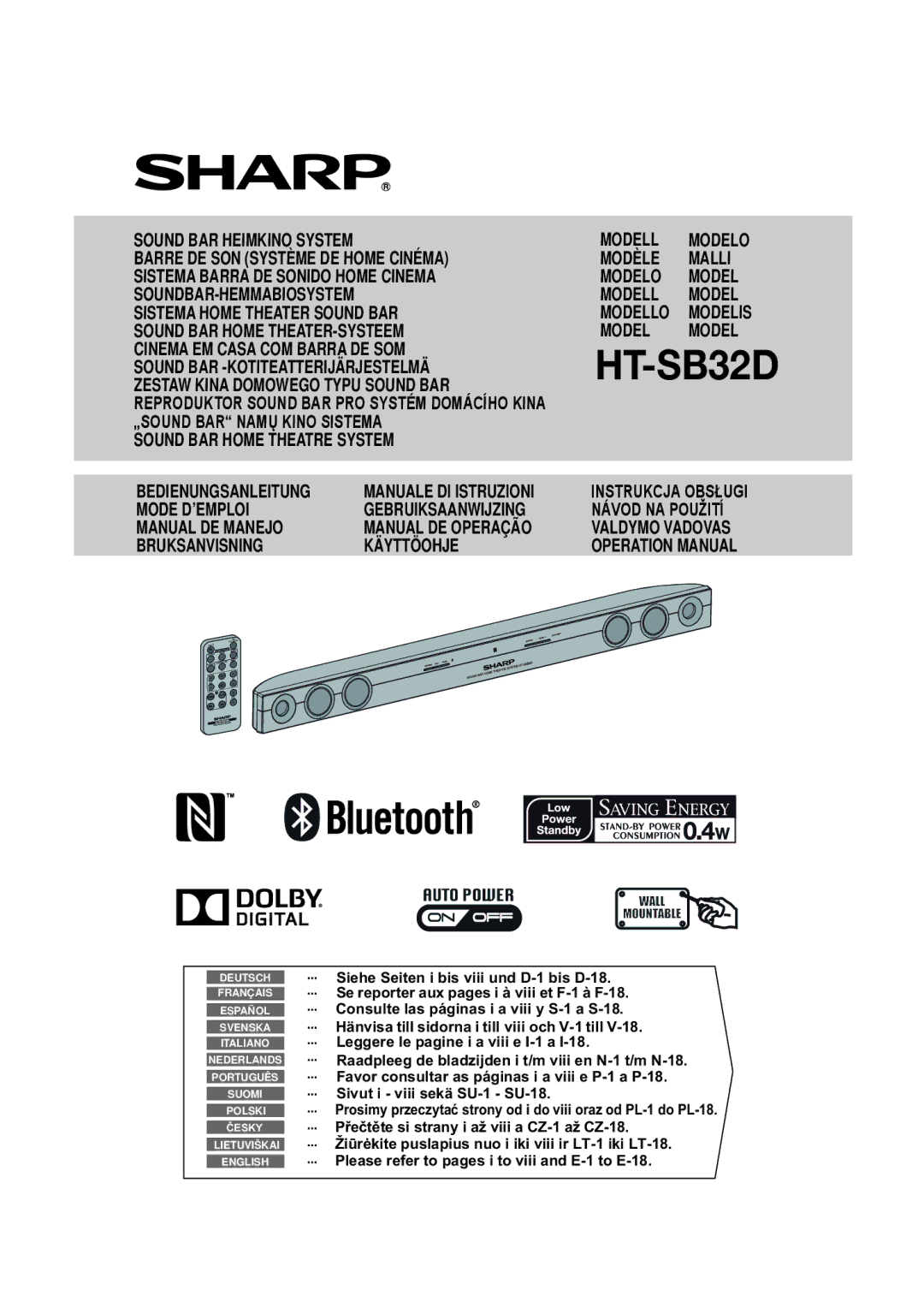 Sharp HT-SB32D operation manual Siehe Seiten i bis viii und D-1 bis D-18, Se reporter aux pages i à viii et F-1 à F-18 