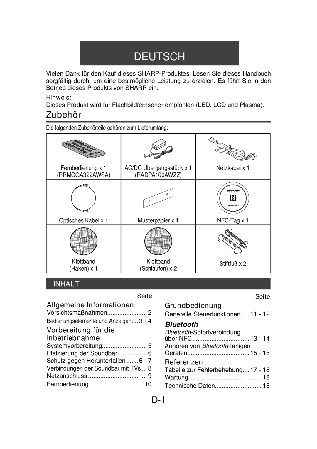 Sharp HT-SB32D operation manual Zubehör, Hinweis, Seite 