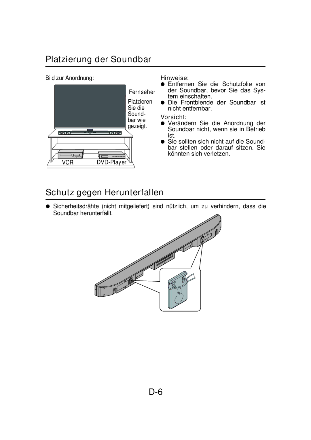 Sharp HT-SB32D operation manual Platzierung der Soundbar, Schutz gegen Herunterfallen, Bild zur Anordnung, Fernseher 