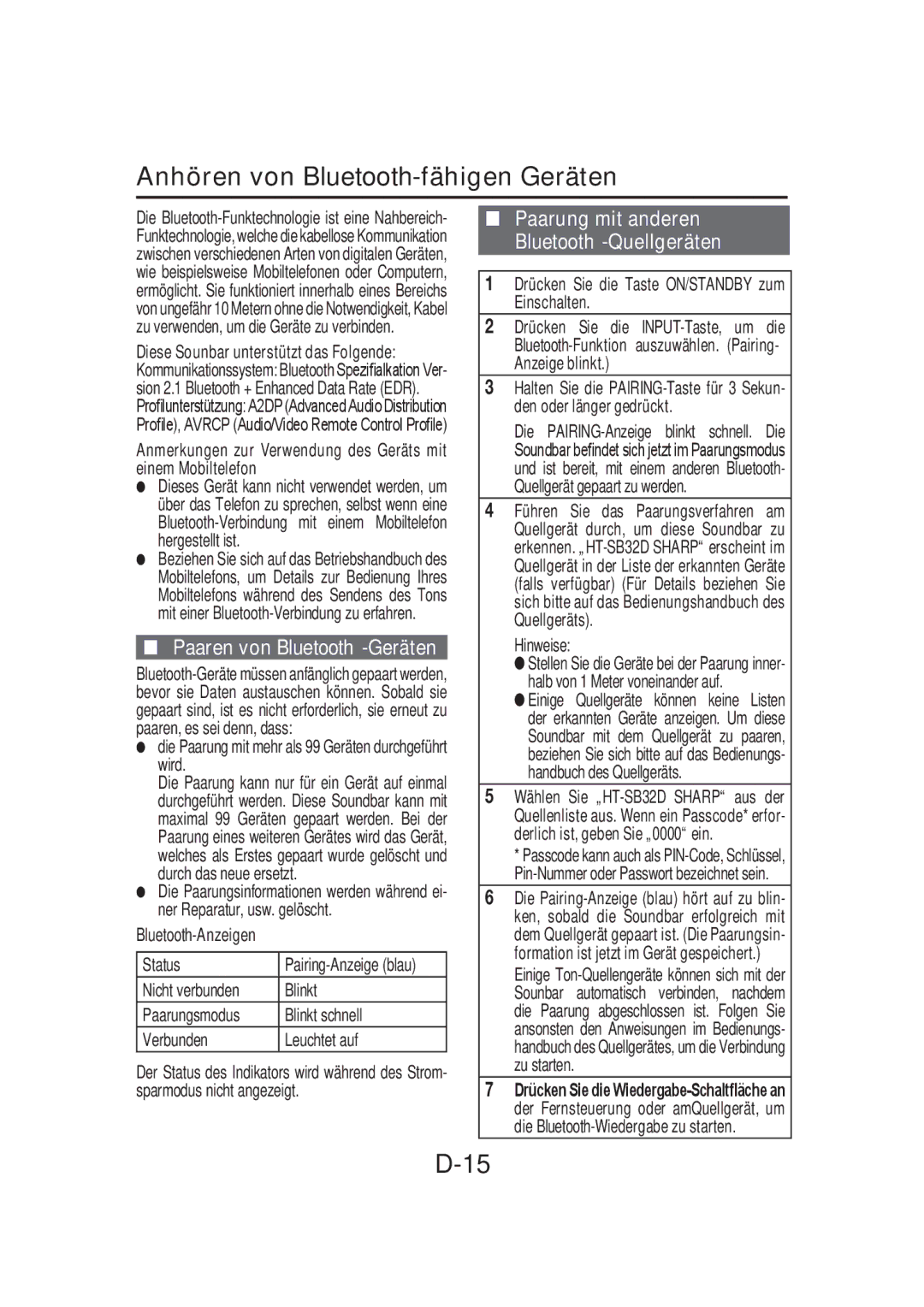 Sharp HT-SB32D operation manual Anhören von Bluetooth-fähigen Geräten, Paarung mit anderen Bluetooth-Quellgeräten 