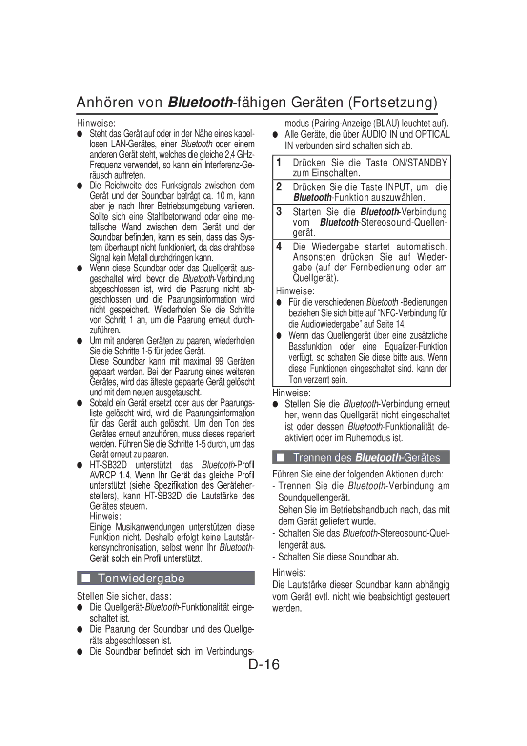 Sharp HT-SB32D operation manual Anhören von Bluetooth-fähigen Geräten Fortsetzung, Tonwiedergabe, Zum Einschalten, Die 