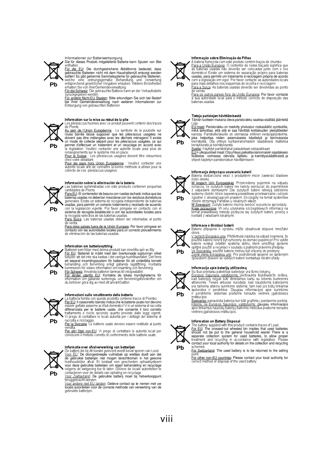 Sharp HT-SB32D operation manual Viii, Informationen zur Batterieentsorgung 