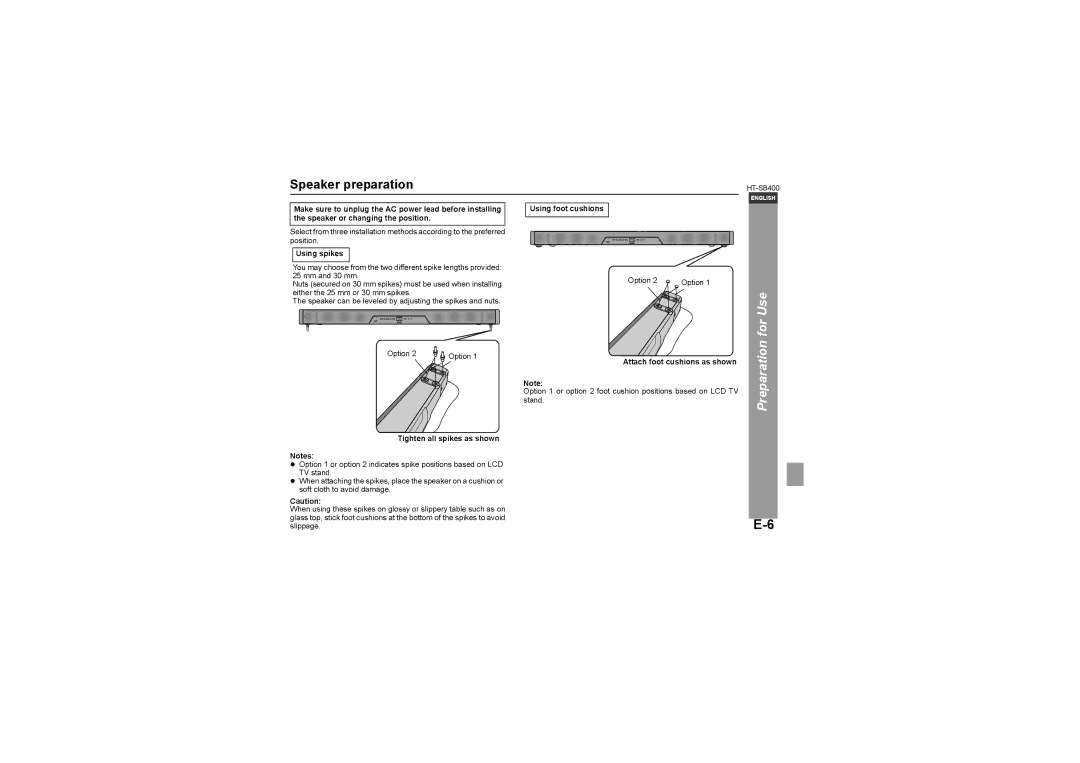 Sharp HT-SB400 operation manual Speaker preparation, Using spikes, Tighten all spikes as shown, Using foot cushions 