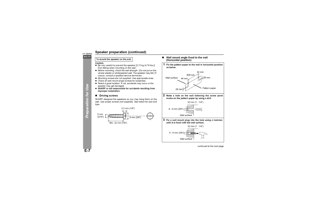 Sharp HT-SB400 operation manual „ Driving screws, „ Wall mount angle fixed to the wall Horizontal position 