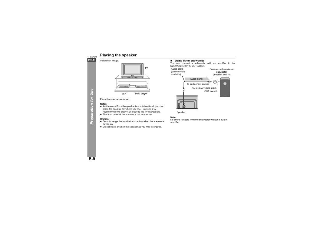 Sharp HT-SB400 operation manual Placing the speaker, „ Using other subwoofer, DVD player 