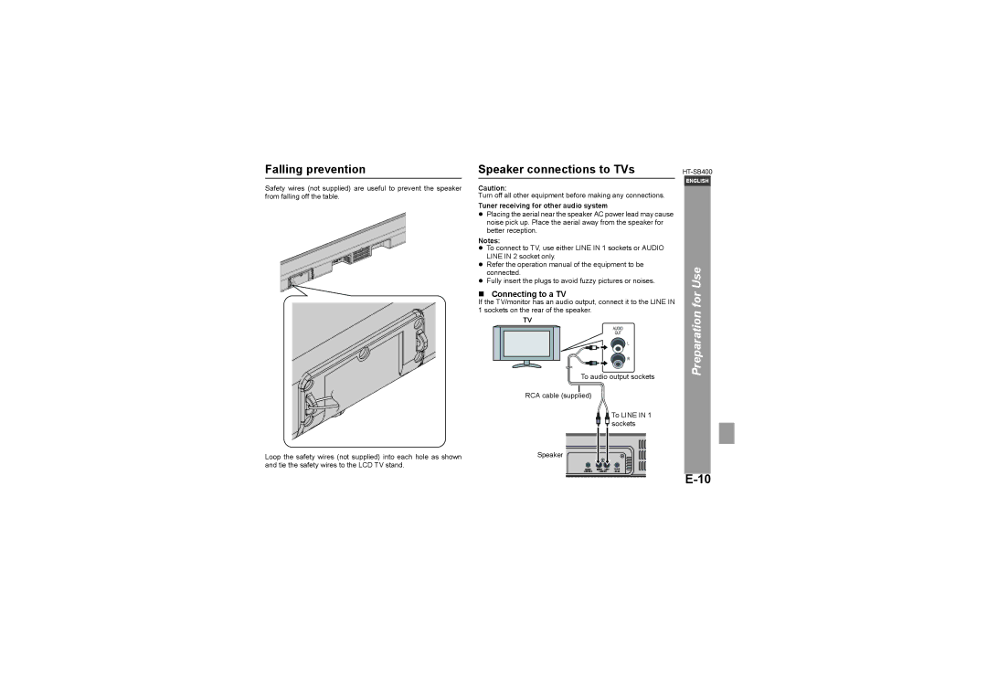 Sharp HT-SB400 operation manual Falling prevention, Speaker connections to TVs, „ Connecting to a TV 