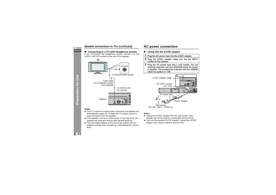 Sharp HT-SB400 AC power connection, „ Connecting to a TV with Headphone socket, „ Using with the AC/DC adaptor 