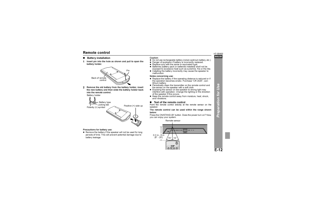 Sharp HT-SB400 Remote control, „ Battery installation, „ Test of the remote control, Precautions for battery use 