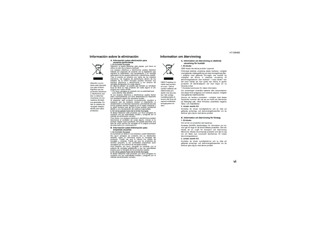 Sharp HT-SB400 operation manual Información sobre la eliminación 