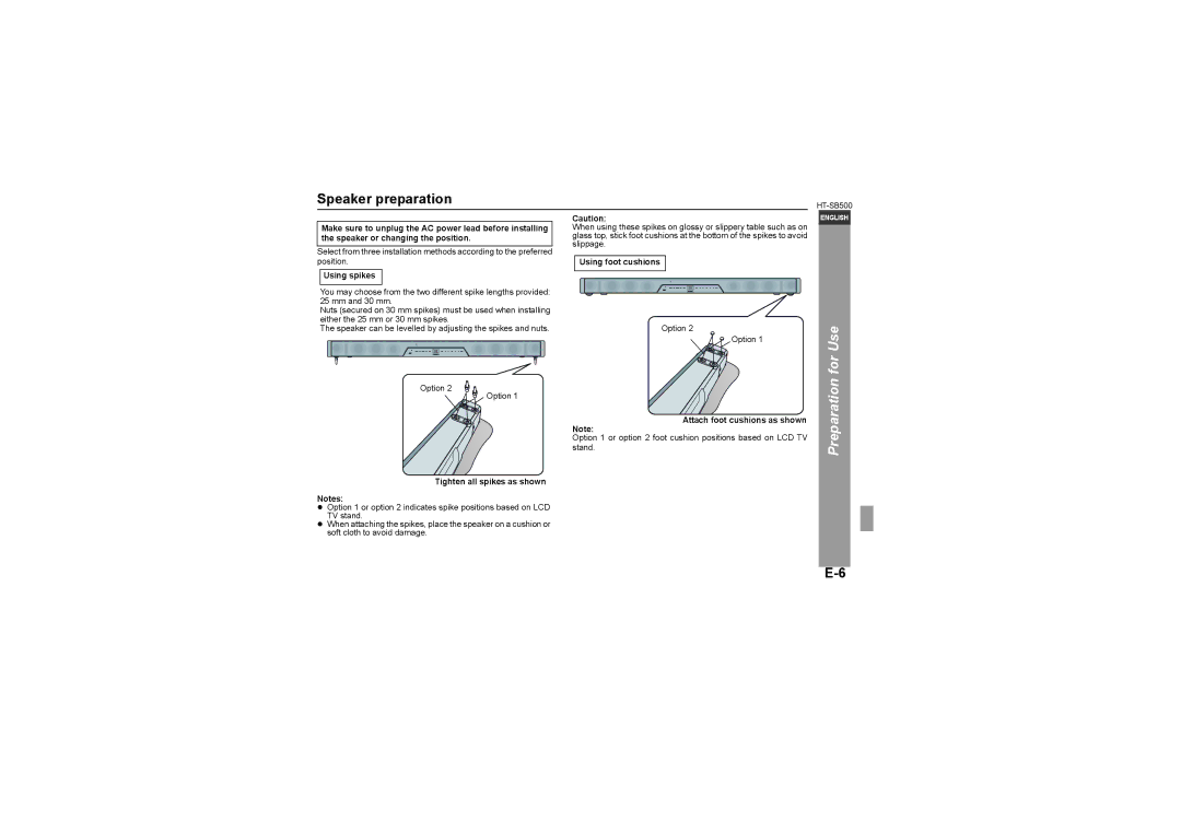 Sharp HT-SB500 operation manual Speaker preparation, Using spikes, Tighten all spikes as shown, Using foot cushions 