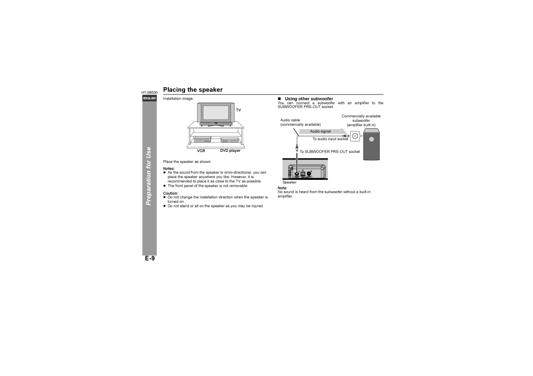 Sharp HT-SB500 operation manual Placing the speaker, Using other subwoofer, DVD player 