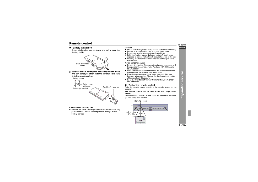 Sharp HT-SB500 Remote control, Battery installation, Test of the remote control, Precautions for battery use 