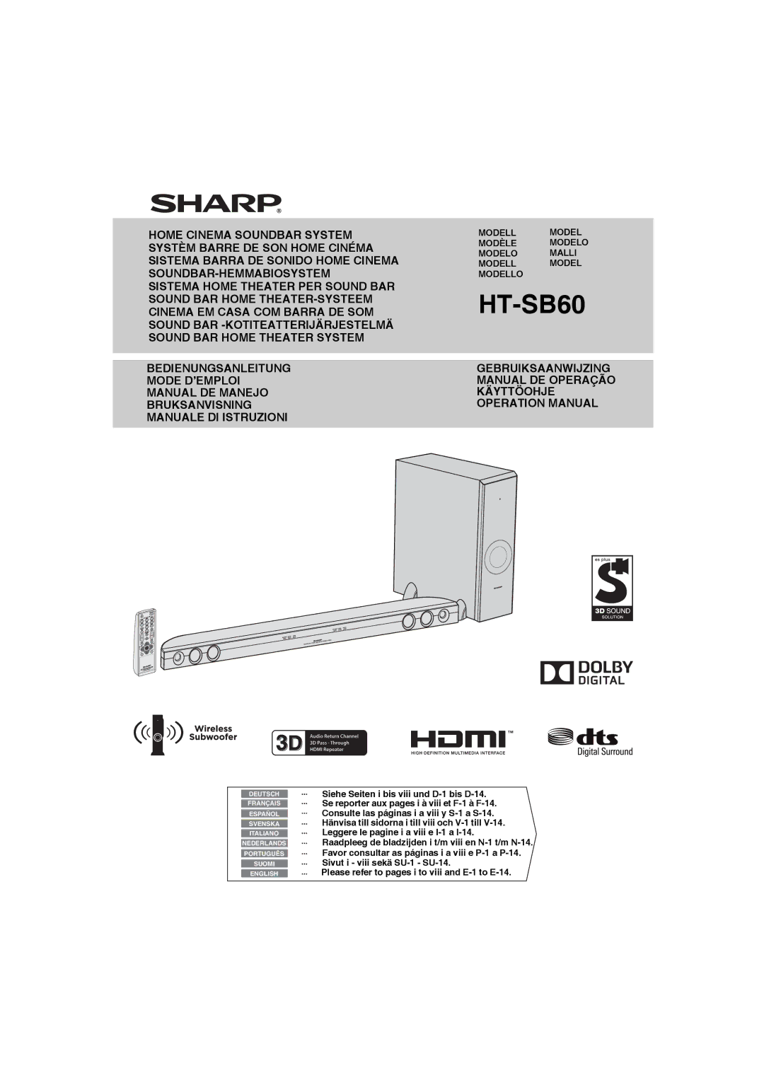 Sharp HT-SB60 operation manual Siehe Seiten i bis viii und D-1 bis D-14, Se reporter aux pages i à viii et F-1 à F-14 