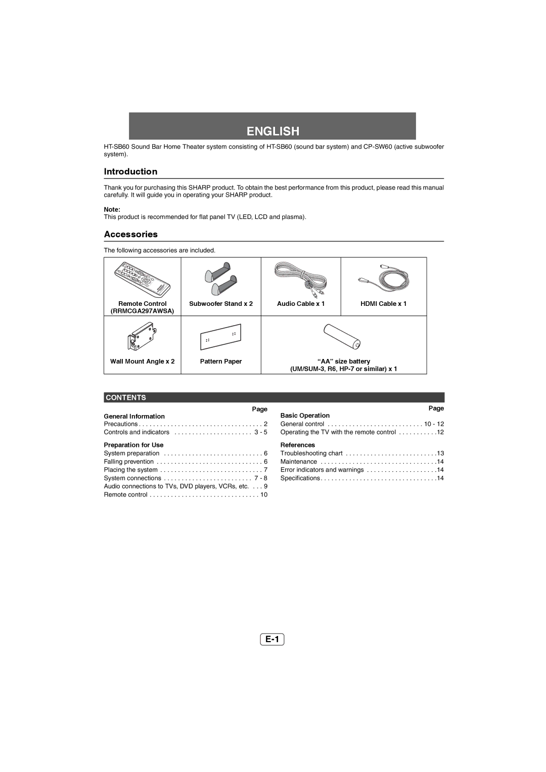 Sharp HT-SB60 operation manual Introduction, Accessories 