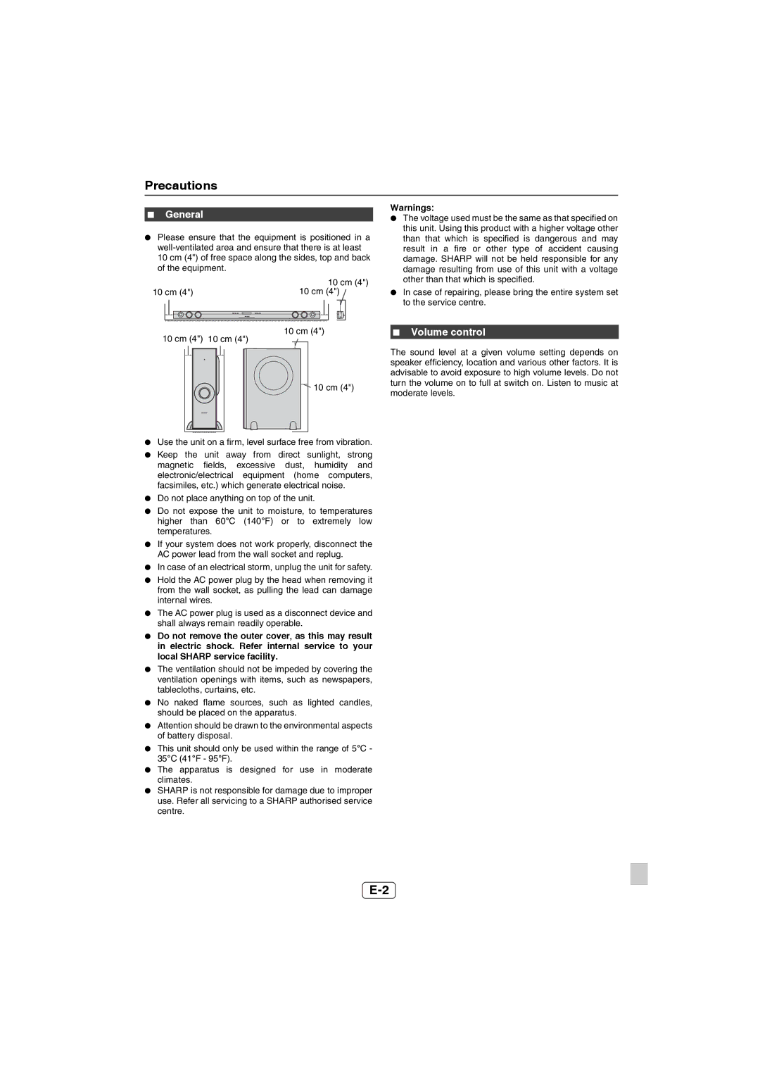 Sharp HT-SB60 operation manual Precautions, General, Volume control 