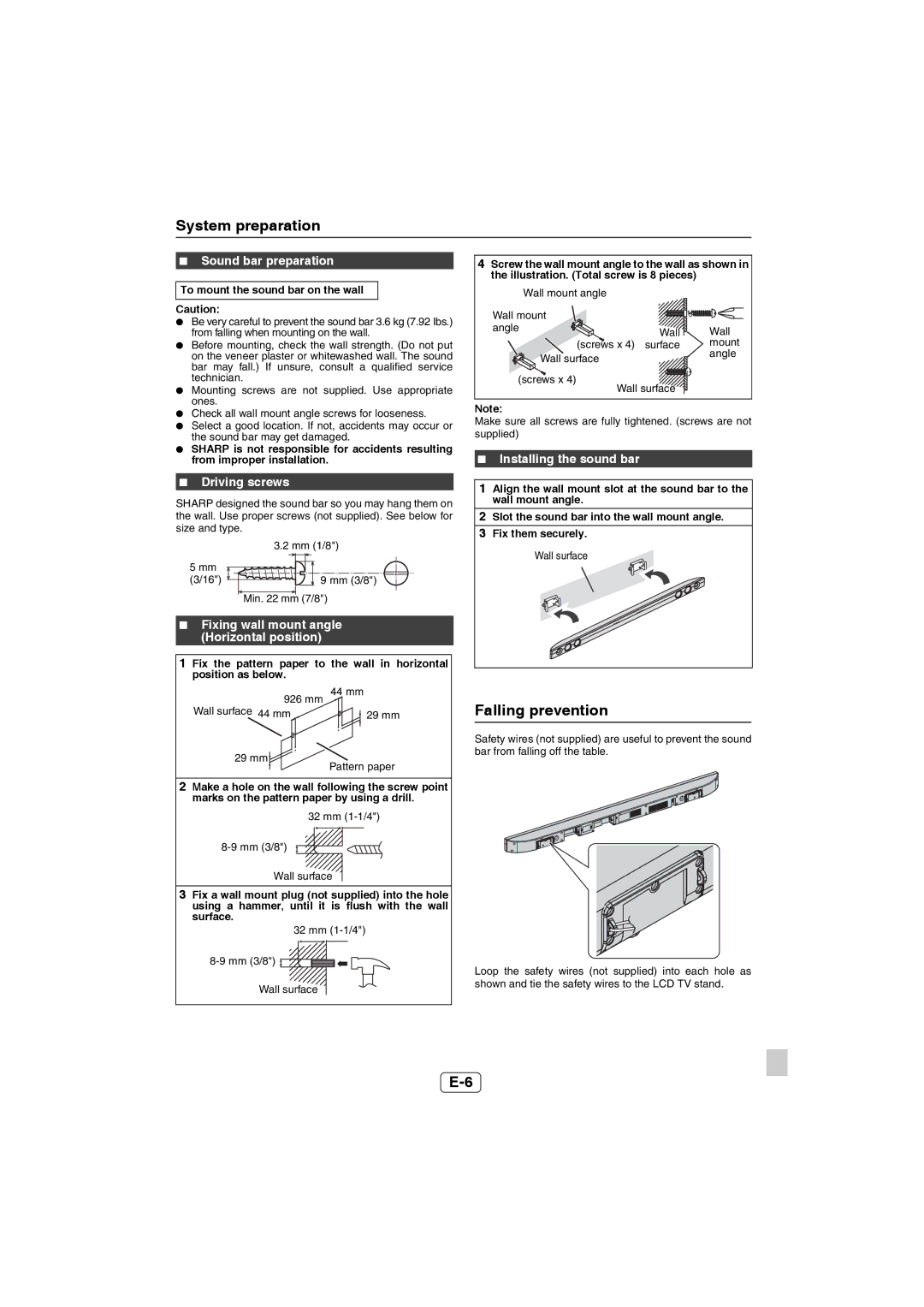 Sharp HT-SB60 operation manual System preparation, Falling prevention 