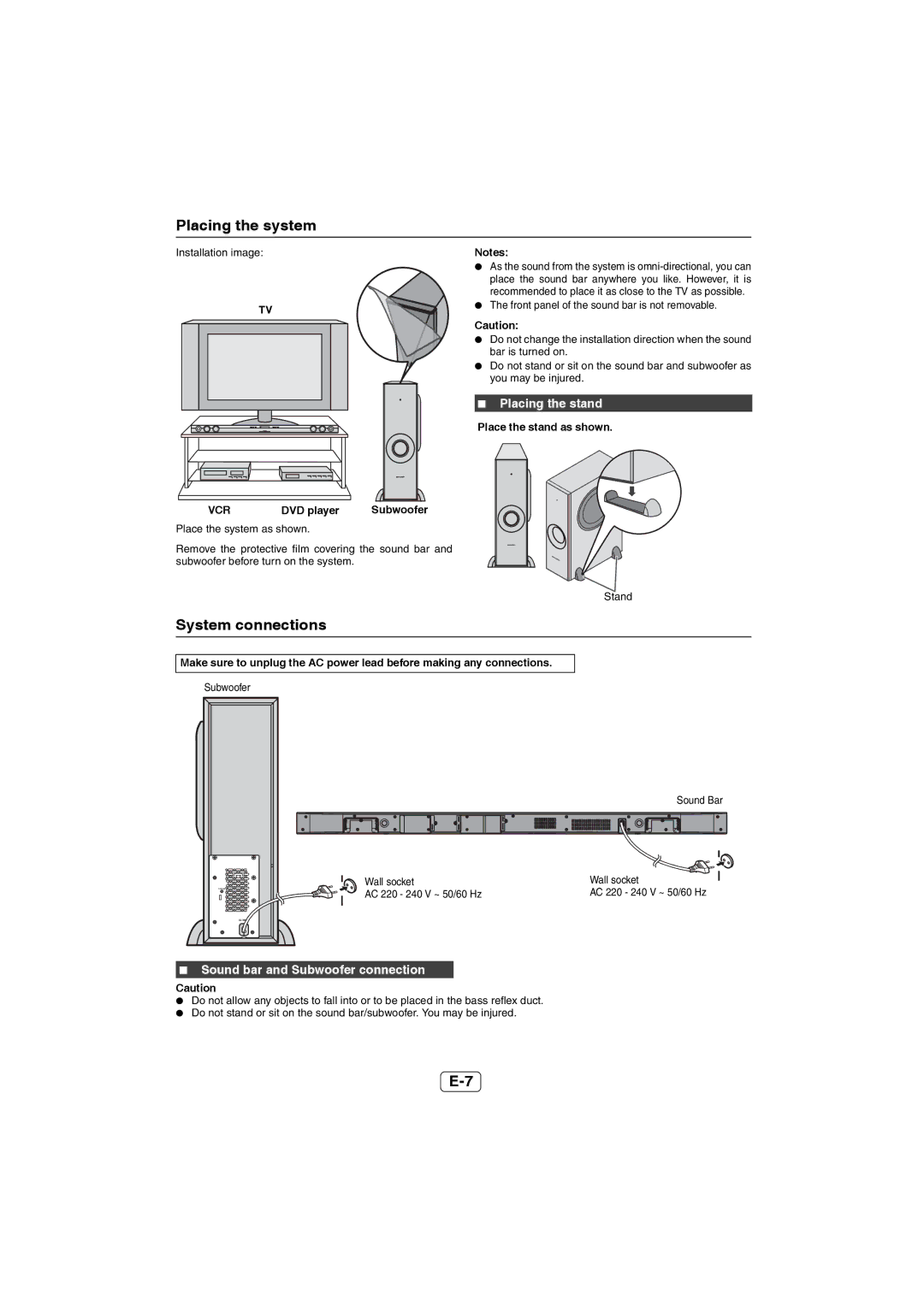 Sharp HT-SB60 Placing the system, System connections, Placing the stand, Sound bar and Subwoofer connection 