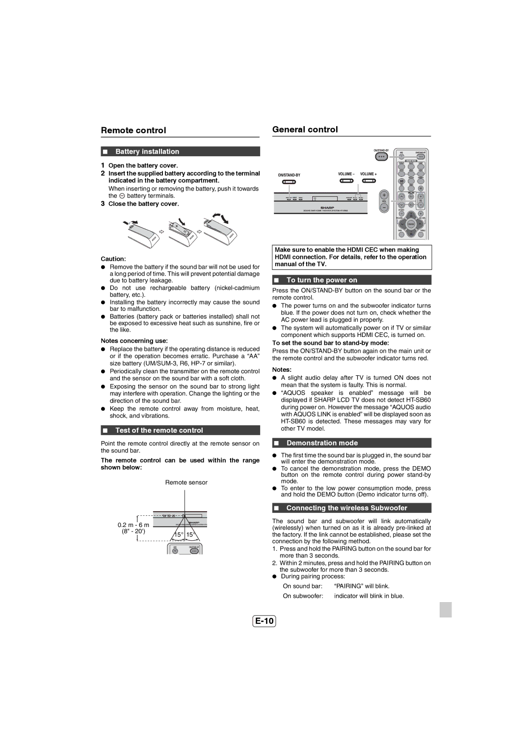 Sharp HT-SB60 operation manual Remote control, General control 