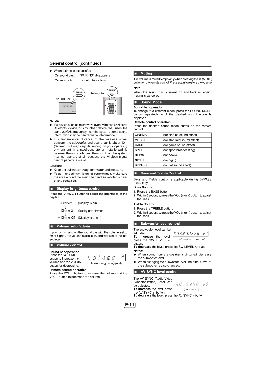 Sharp HT-SB60 operation manual Display brightness control, Volume auto fade-in, Muting, Sound Mode, Bass and Treble Control 