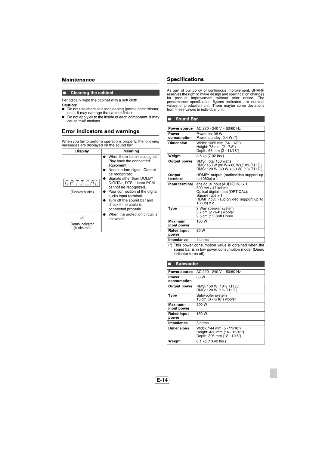 Sharp HT-SB60 operation manual Maintenance, Error indicators and warnings, Specifications, Cleaning the cabinet, Sound Bar 