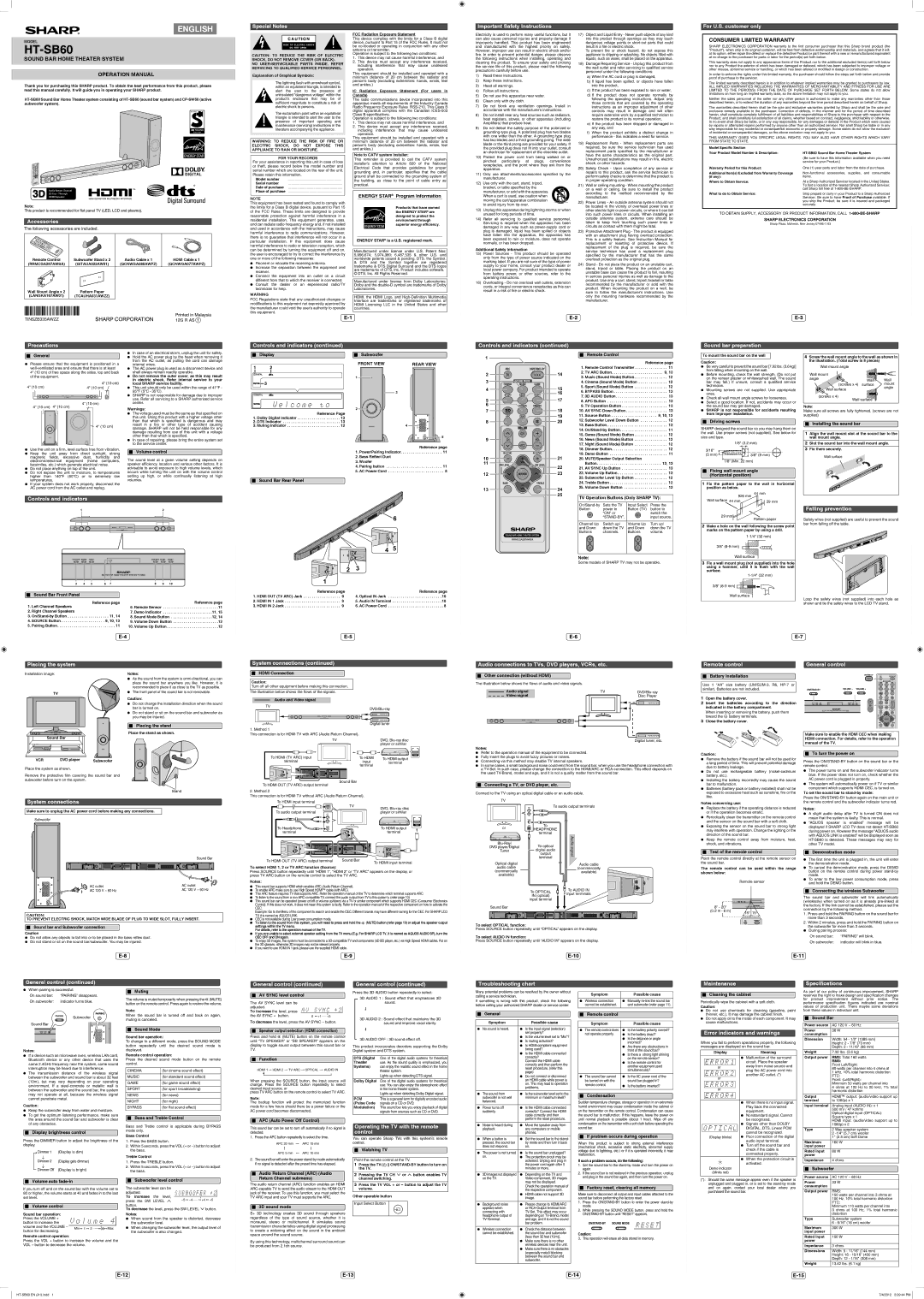 Sharp HT-SB60 operation manual Accessories, Special Notes, Important Safety Instructions, For U.S. customer only 