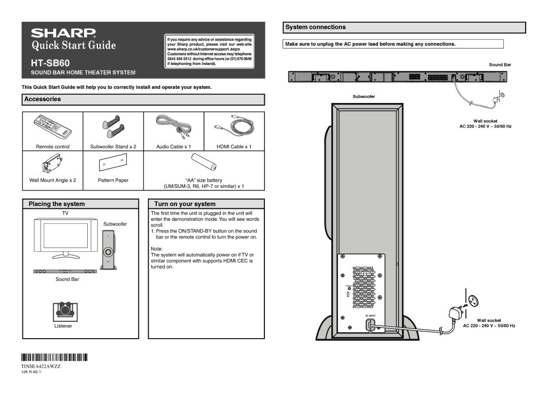 Sharp HT-SB60 quick start Quick Start Guide 