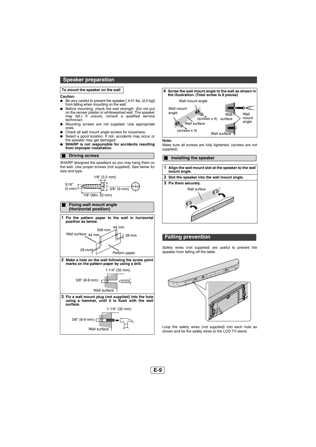 Sharp HT-SB600, HTSB600 operation manual Speaker preparation, Falling prevention, Driving screws, Installing the speaker 