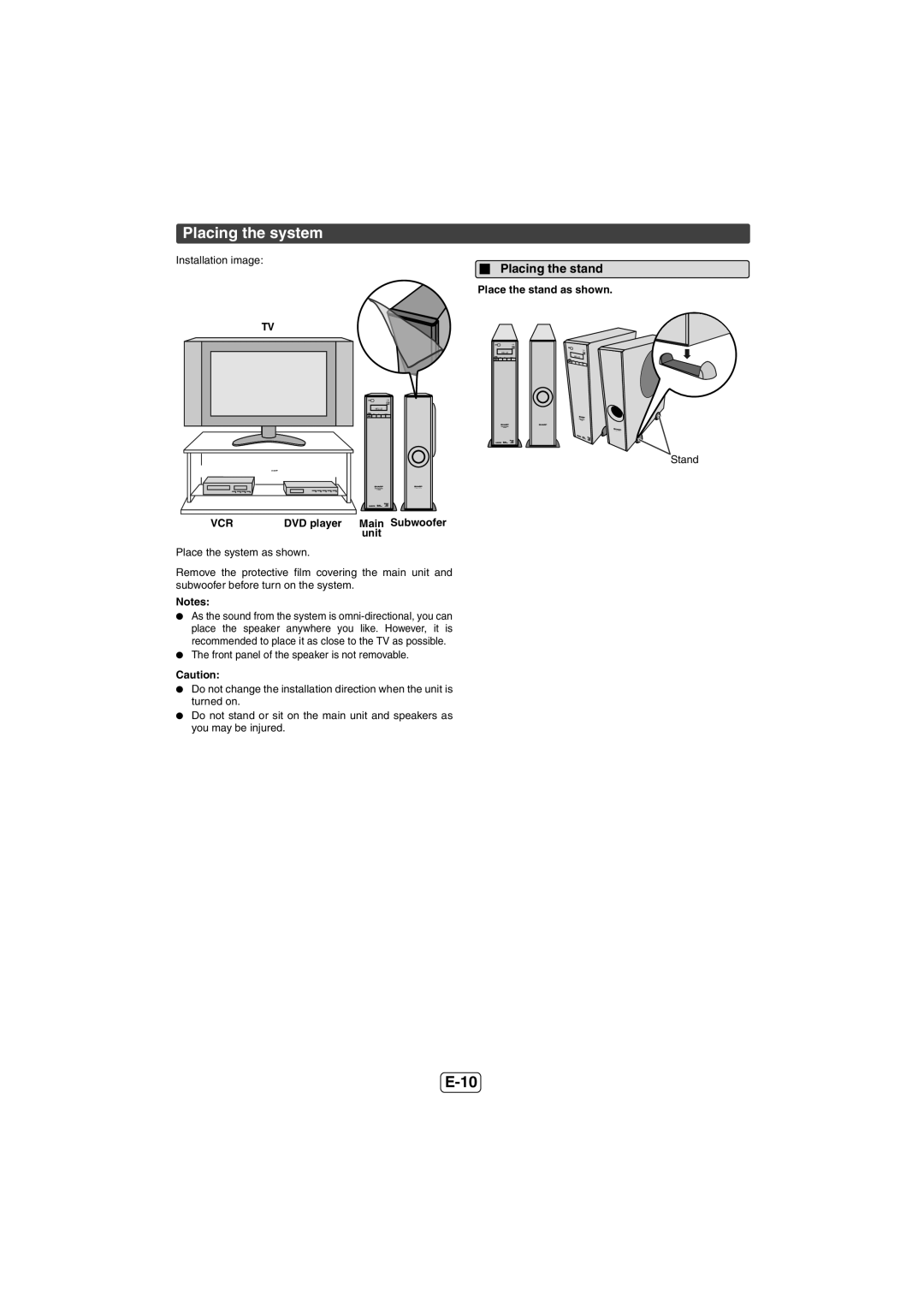 Sharp HTSB600, HT-SB600 Placing the system, Placing the stand, Place the stand as shown, DVD player Main Subwoofer, Unit 