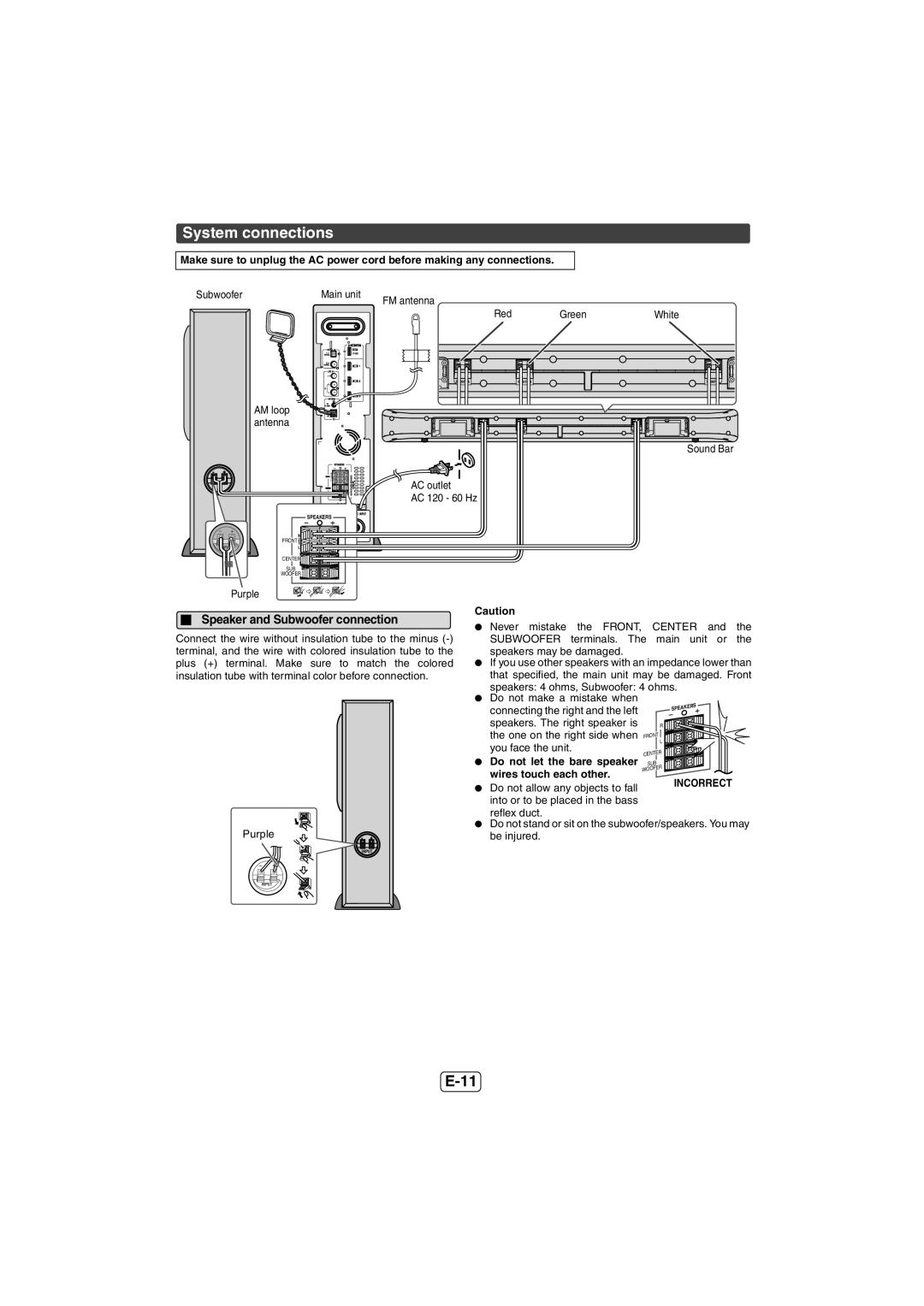 Sharp HT-SB600 System connections, Speaker and Subwoofer connection, Do not let the bare speaker, Wires touch each other 