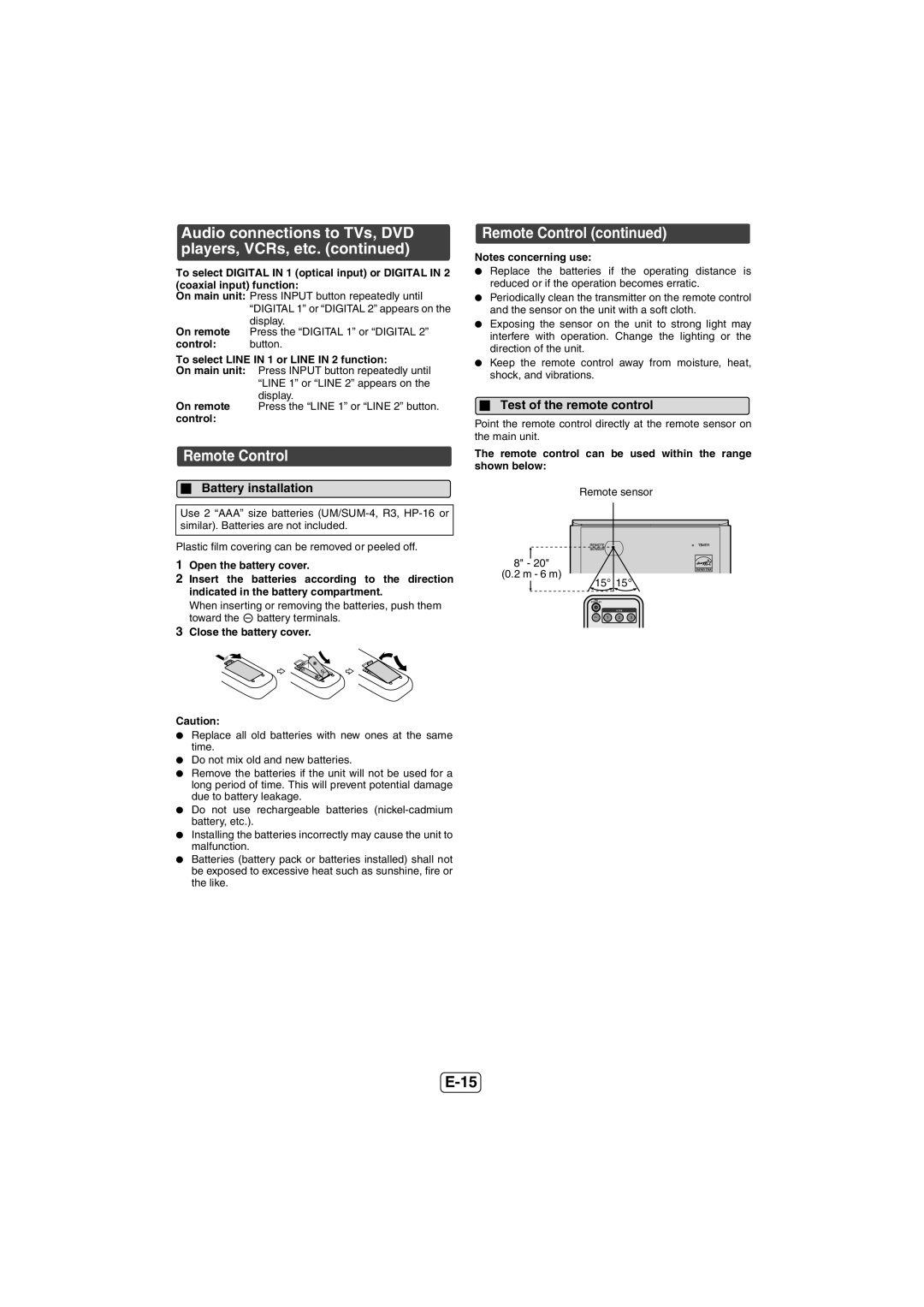 Sharp HT-SB600, HTSB600 operation manual Remote Control, Battery installation, Test of the remote control 