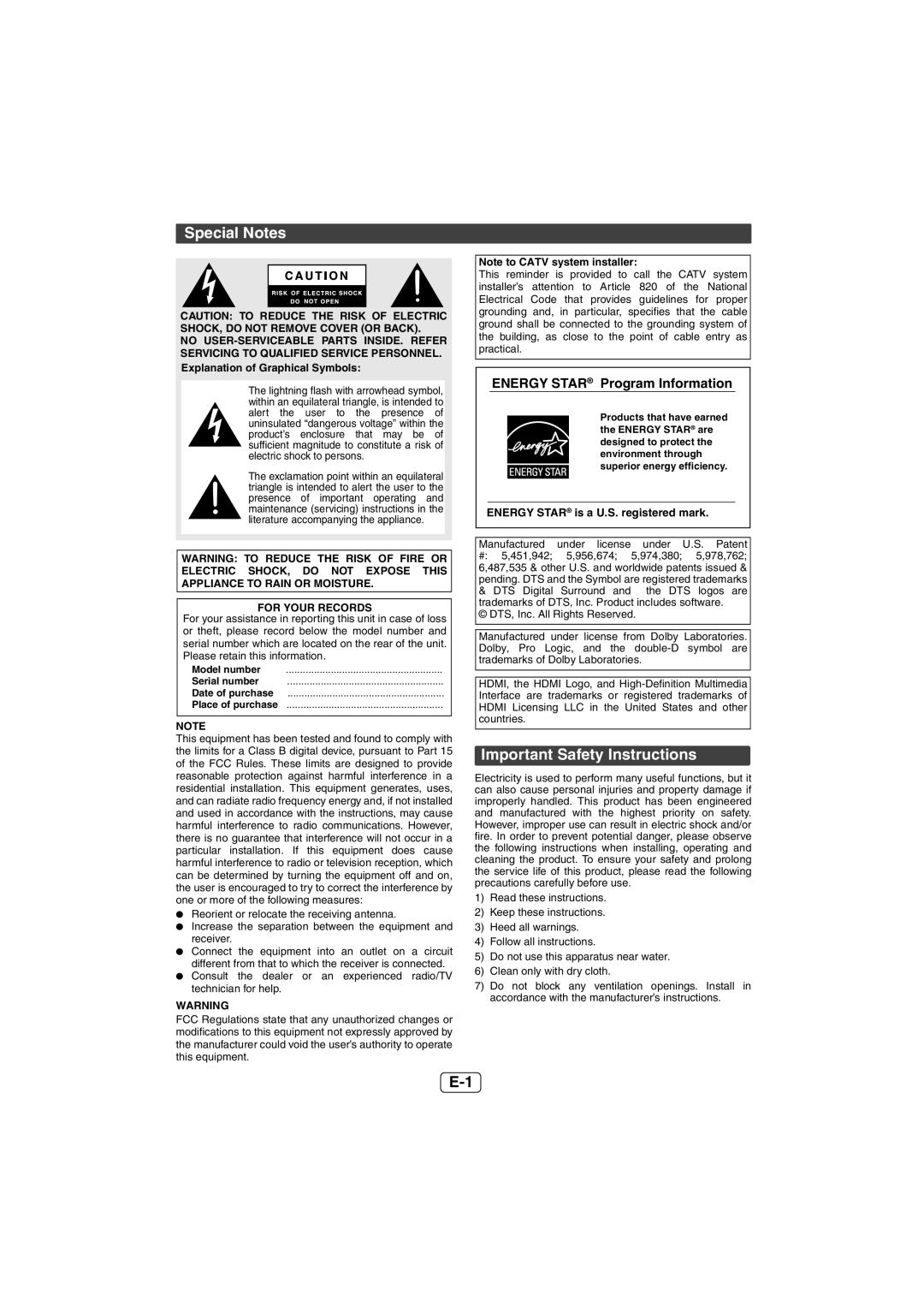 Sharp HT-SB600, HTSB600 operation manual Special Notes, Important Safety Instructions, Energy Star Program Information 