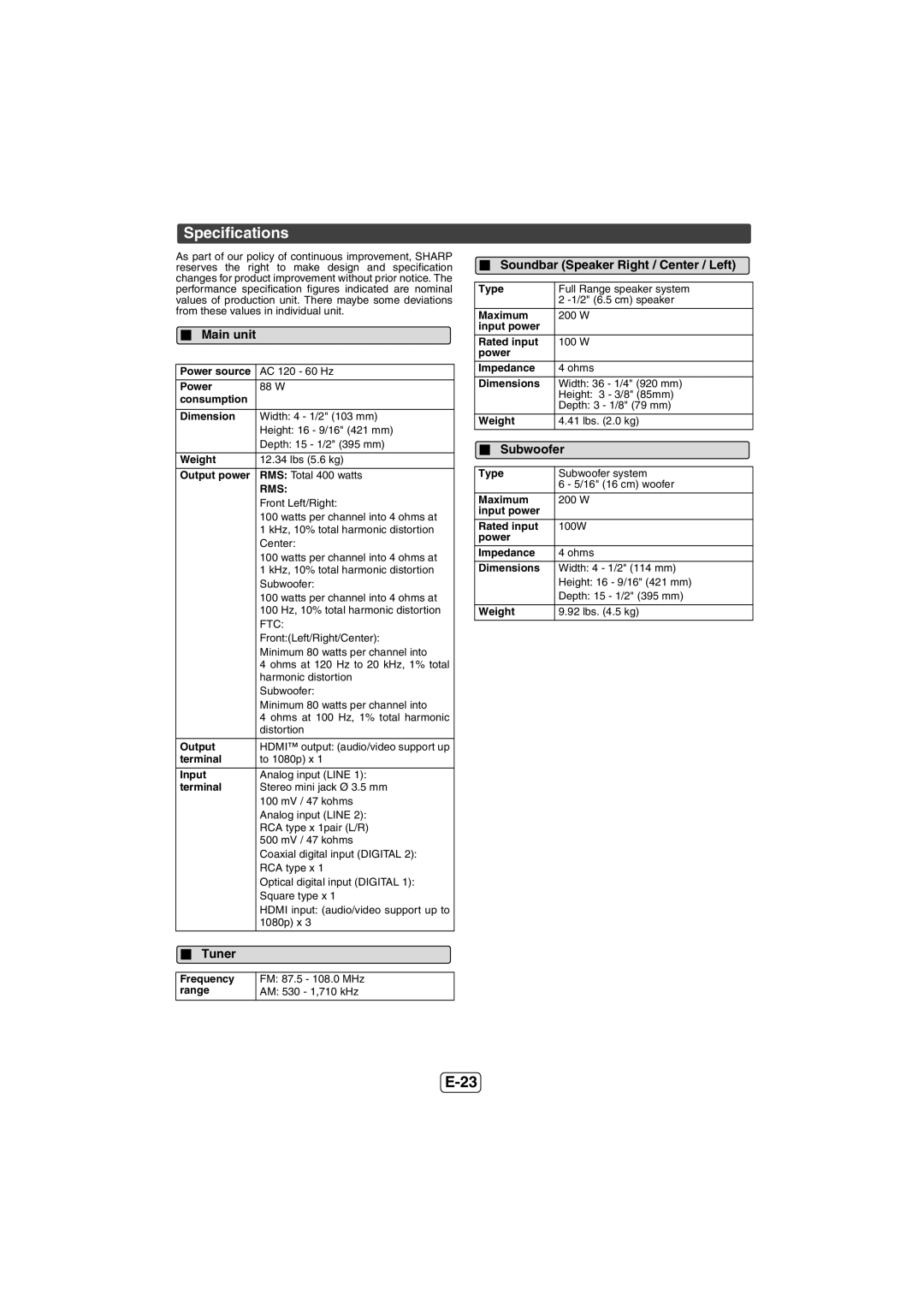 Sharp HT-SB600, HTSB600 operation manual Specifications, Main unit, Soundbar Speaker Right / Center / Left 