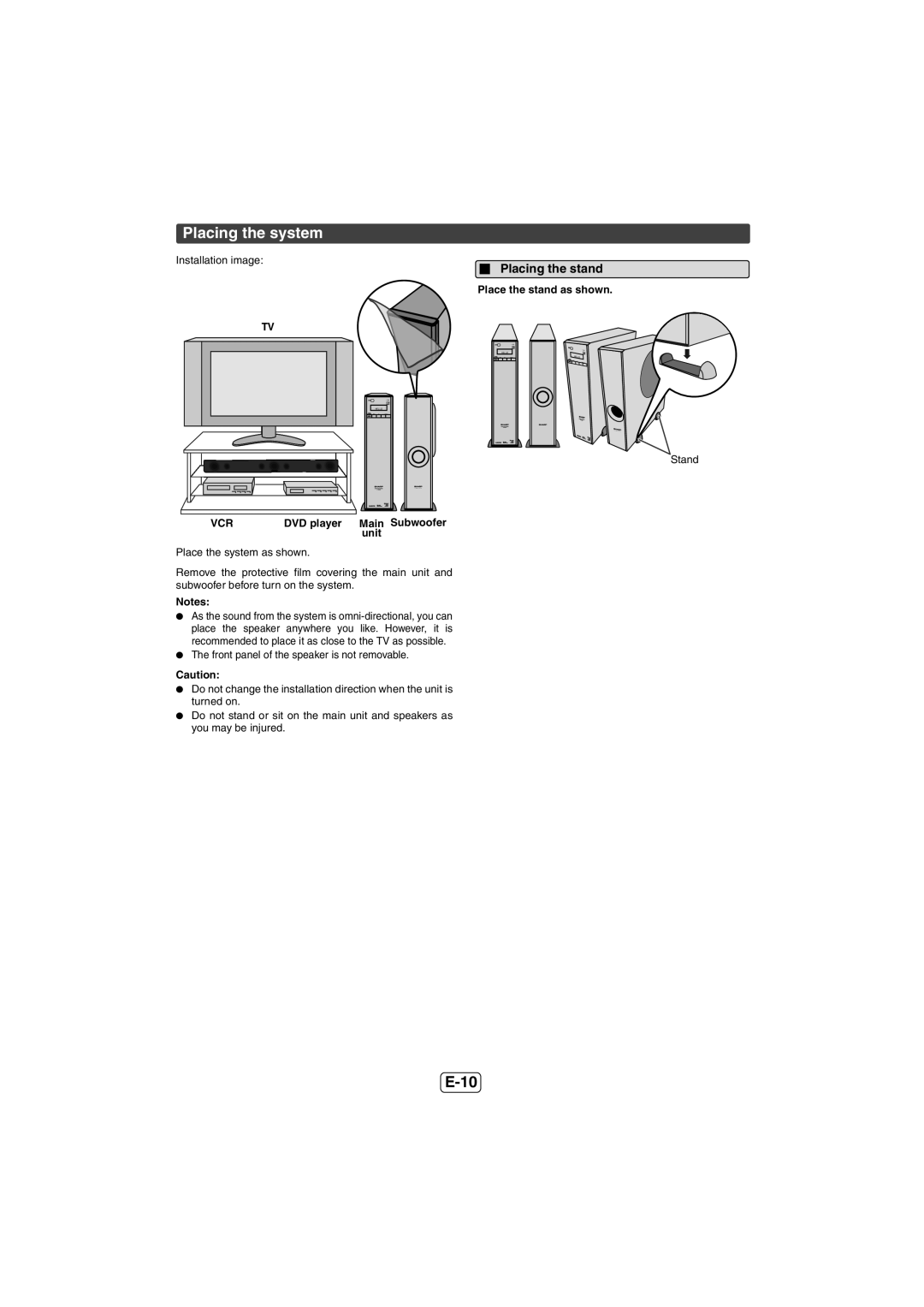 Sharp HTSB600, HT-SB600 operation manual Placing the system, E-10 