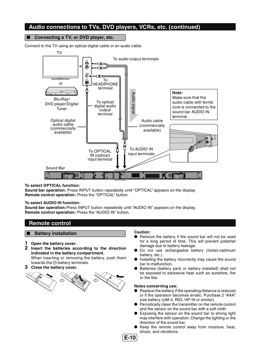 Sharp HT-SB602 operation manual Remote control,  Connecting a TV, or DVD player, etc,  Battery installation 