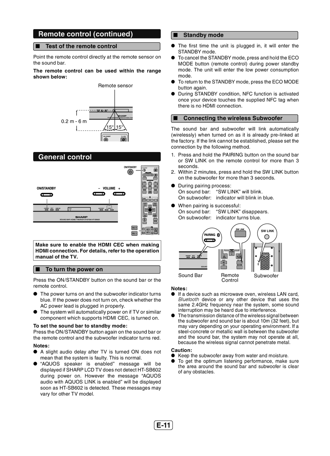 Sharp HT-SB602 operation manual General control,  Test of the remote control,  To turn the power on,  Standby mode 