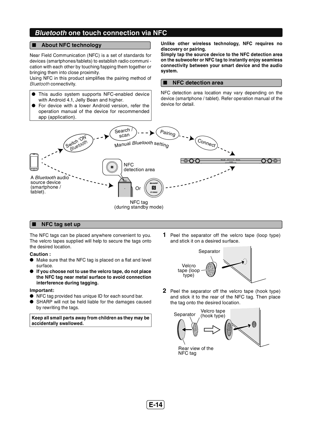 Sharp HT-SB602 Bluetooth one touch connection via NFC,  About NFC technology,  NFC detection area,  NFC tag set up 