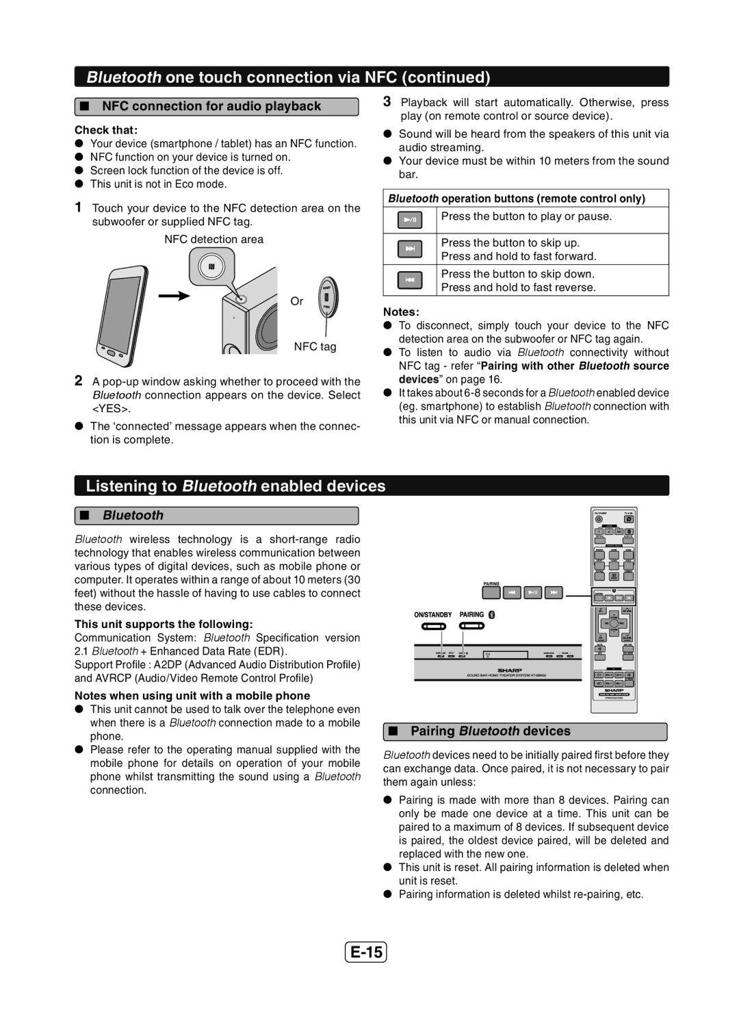 Sharp HT-SB602 Listening to Bluetooth enabled devices,  NFC connection for audio playback,  Pairing Bluetooth devices 